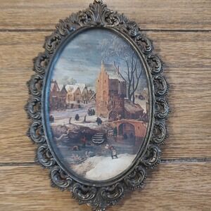 Vintage Action Brass Antique Photo Italy Metal Scroll Cottage Snow Architecture